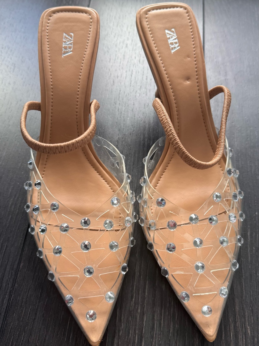 Zara Tan Pointed Heel with Clear Jeweled Straps and Embellishments